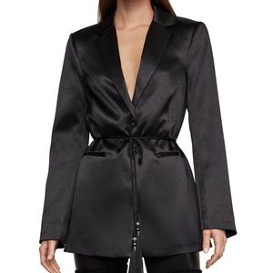 Black BCBGMAXAZRIA satin blazer with tassel belt